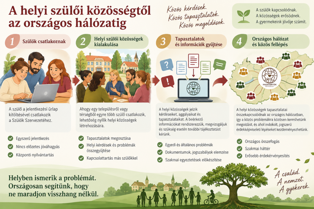 A Szülők Szervezete működése: csatlakozás, helyi közösségek, tapasztalatgyűjtés és országos érdekképviselet.